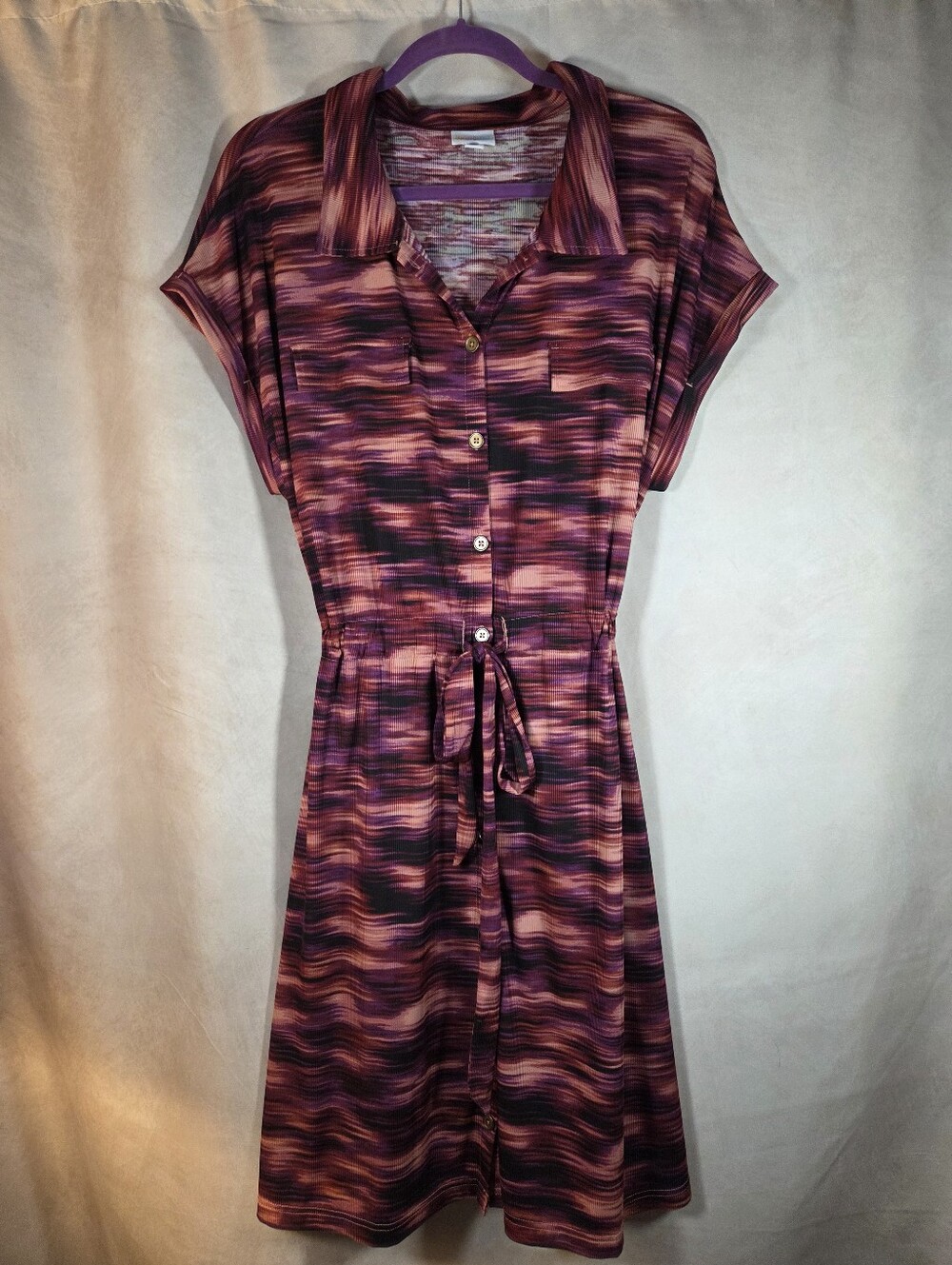 LuLaRoe Pink & Purple Wave-Stripe Shirt Dress